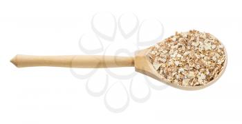 wooden spoon with oat flakes with rye bran isolated on white background