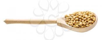 wooden spoon with raw dried soybeans isolated on white background