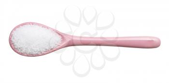 top view of crystalline fructose in pink ceramic spoon isolated on white background
