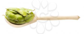 frozen Edamame (unripe soybeans) pods in wooden spoon isolated on white background