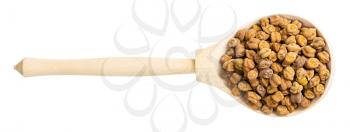 top view of raw black chickpeas in wood spoon isolated on white background