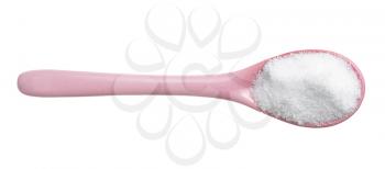 top view of crystalline erythritol sugar substitute in pink ceramic spoon isolated on white background