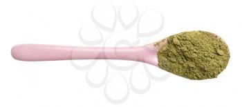 top view of milled stevia rebaudiana herb (natural sugar substitute) in pink ceramic spoon isolated on white background