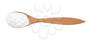 top view of sodium bicarbonate in wood spoon isolated on white background