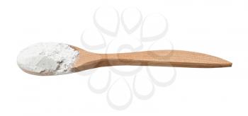 vanilla sugar (sugar powder with ground natural vanilla) in wooden spoon isolated on white background