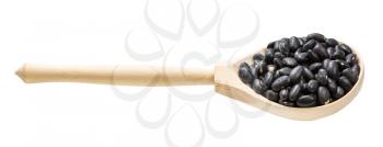 wooden spoon with raw black turtle beans isolated on white background