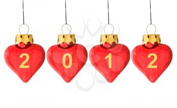 Year 2012 is coming concept - 2012 written on several heart shaped christmas bauble isolated on white