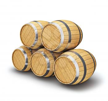Wooden oak brandy wine storage beer barrels isolated on white background