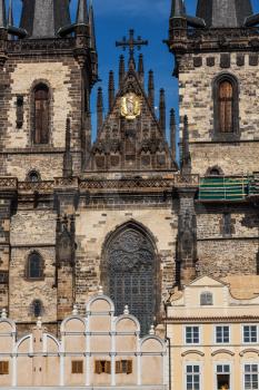 View of Tyn Church (Tynsky Chram) on Old City Square from Town Hall. Prague, Czech Republic