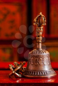 Tibetan Buddhist still life - vajra and bell. Likir gompa, Ladakh, India.