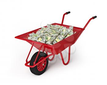 Wealth abundance money finance richness salary wage wealth concept - wheel barrow full of dollars isolated on white background