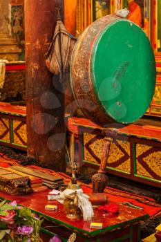 Large tibetan drum in Hemis gompa (Tibetan Buddhist monastery). Ladakh, India