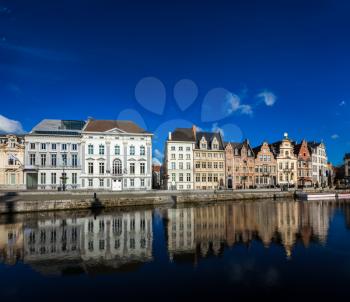 Travel Belgium medieval european city town background with canal. Koperlei street, Ghent, Belgium