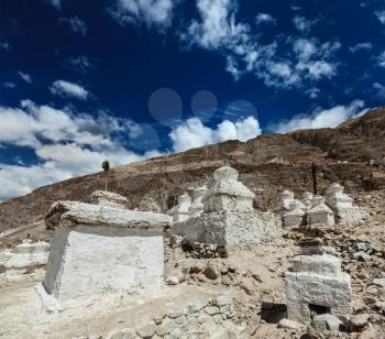 Chortens (Tibetan Buddhism stupas) in Himalayas. Nubra valley, Ladakh, India