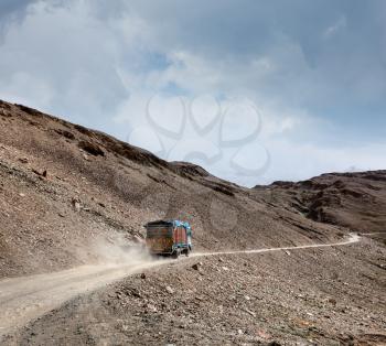 Manali-Leh Road in Indian Himalayas with lorry. Himachal Pradesh, India