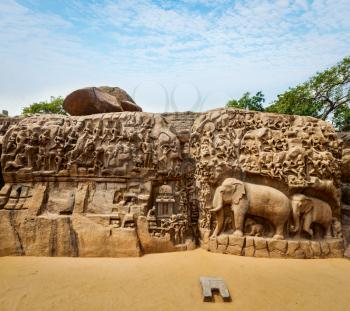 Descent of the Ganges and Arjuna's Penance ancient stone sculpture - monument at Mahabalipuram, Tamil Nadu, India