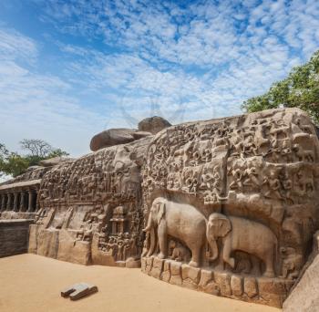 Descent of the Ganges and Arjuna's Penance ancient stone sculpture - monument at Mahabalipuram, Tamil Nadu, India