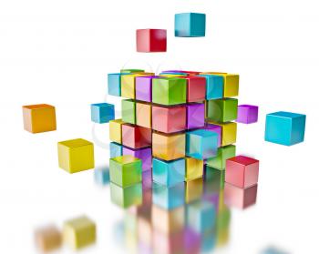 Business team teamwork collaboration concept - colorful color cubes assembling into  cubic structure isolated on white with reflection