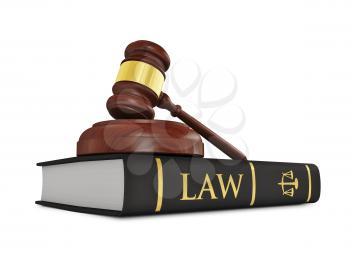 Law justice concept - wooden judge gavel on law book isolated on white background