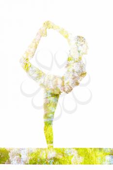Nature harmony healthy lifestyle concept. Double exposure image of woman doing yoga asana Lord of the Dance Pose Natarajasana asana in ashtanga vinyasa style exercise isolated on white background