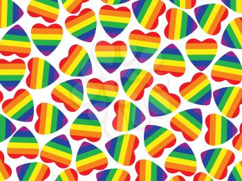 Background made from hearts with gay pride flag inside on white.
