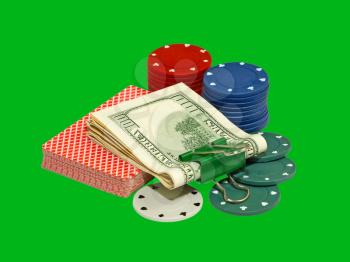 Casino chips,play cards and dollars pack isolated on green background.
