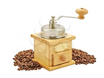 Manual coffee grinder and coffee beans isolated on a white backgroubd.