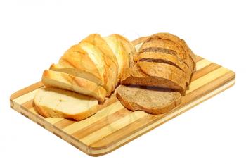 Slices of fresh bread on a cutting board. Isolated.
