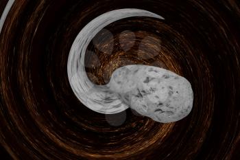 Asteroid comes nearer from abstract twirled space.Digitally generated image.