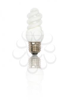 Energy save lamp with reflection on white background.