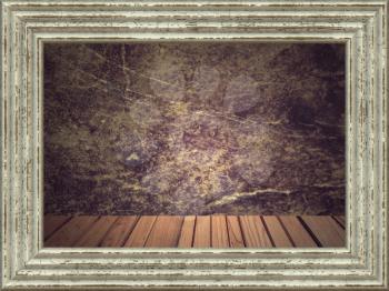 Retro grunge indoor abstract background with wall and wooden plank floor.
