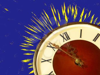 Eve of new year.Dial of hours taken closeup and yellow fireworks on blue background.