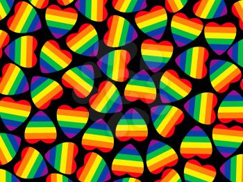 Set of multicolored hearts shape with gay pride flag inside on black as abstract background.