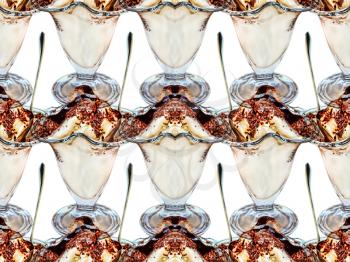 Collage of ice cream topped with chocolate syrup on white background.