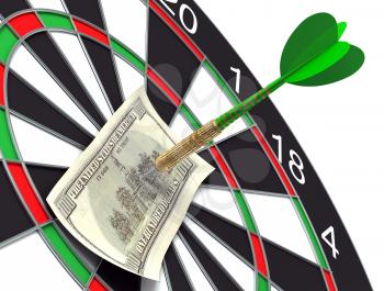 Darts target and 100 dollars in bull's-eye