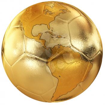 Gold soccer with world map. America