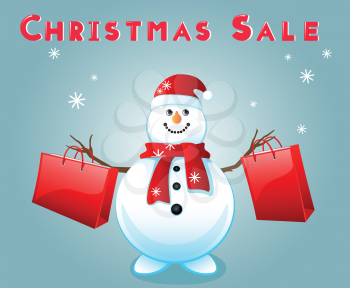 Cute snowman with red shopping bags