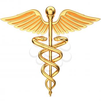 Golden caduceus. Medical symbol. 3D illustration