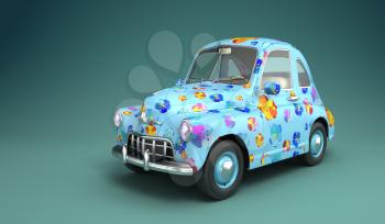 Cartoon car with flower print. 3D illustration