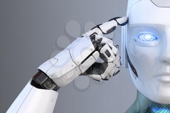 Robot holds a finger near the head. 3D illustration