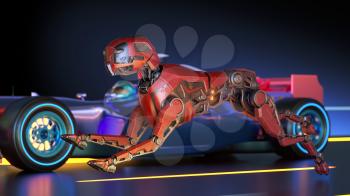 Red robot dog is racing with sport car. 3D illustration
