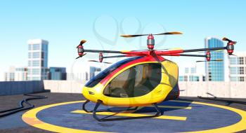 Electric Passenger Drone staying on the top of a building. This is a 3D model and doesn't exist in real life. 3D illustration