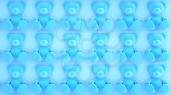 background with many blue teddy bears. 3D illustration
