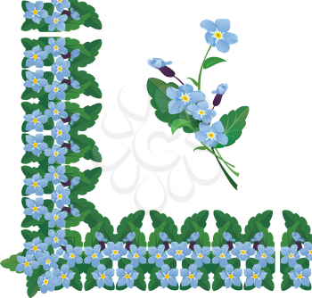 Forget me not floral corner and line frame elements isolated on white background. Spring or summer season flower.
