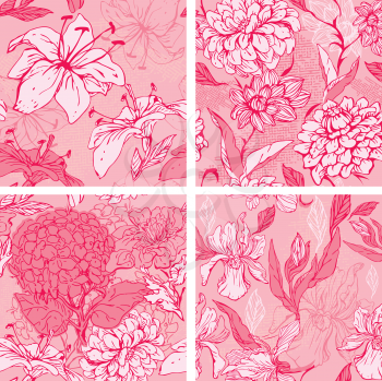Set of 4 Floral Seamless Patterns in pink colors with handdrawn flowers - tiger lilly, orchid, gardenia and peony. 