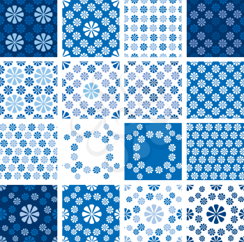 Set of seamless patterns - blue floral ornament 