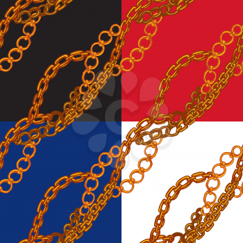 Set of seamless patterns with handdrawn Gold chains on black, red, blue and white backgrounds.