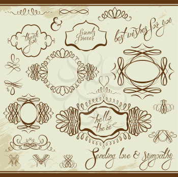 Vintage ornaments and frames, vignettes, calligraphic design elements for cards and invitation, page decoration, calligraphic text. 
