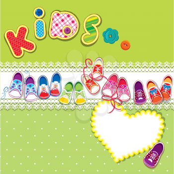 Card - children gumshoes, lace heart and word KIDS on green background 
