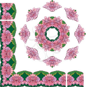 Set of ornaments - circle and rectangular frames, floral borders with tropical flowers and leaves